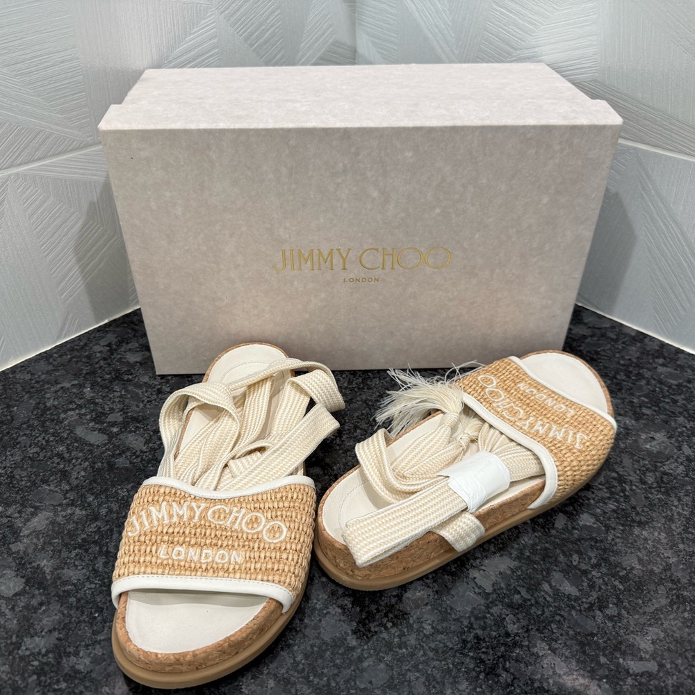Jimmy Choo - Gal Embroidered Raffia Ankle-Wrap Sandals - 36.5EU/6.5 US